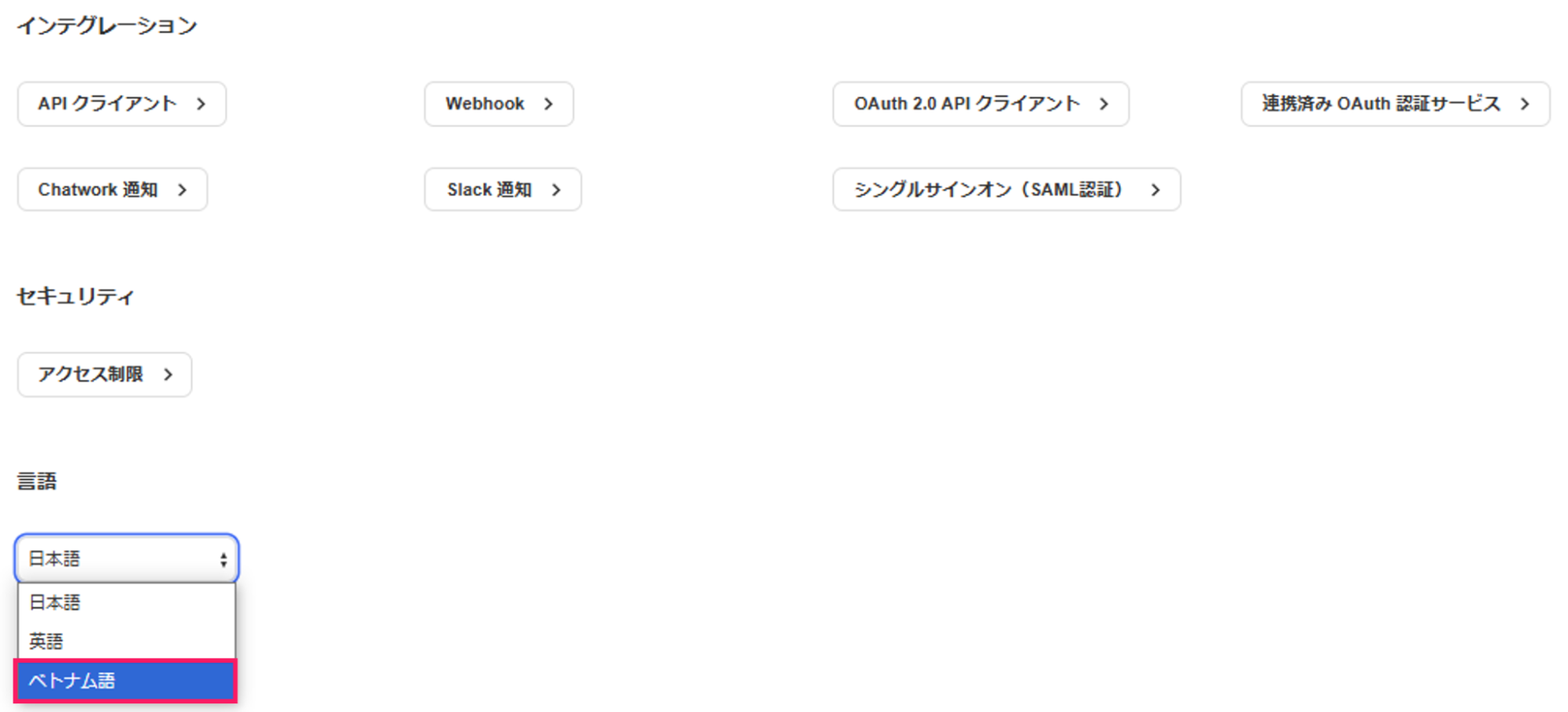 表示言語でベトナム語を指し示しているスクリーンショット