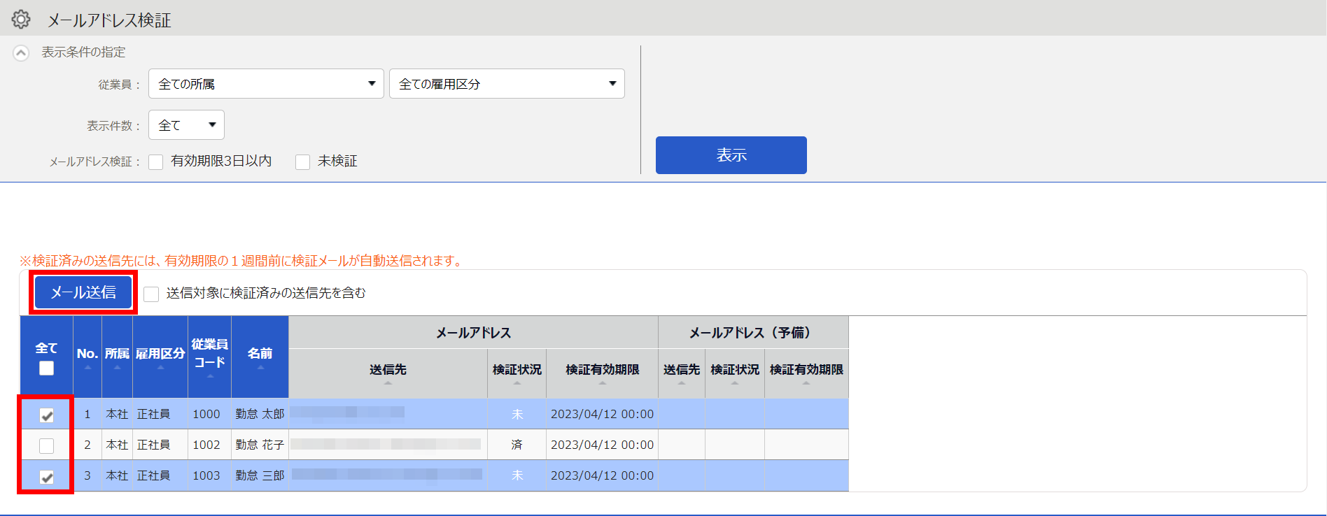 メールアドレス検証画面でチェック欄と［メール送信］を指し示すスクリーンショット
