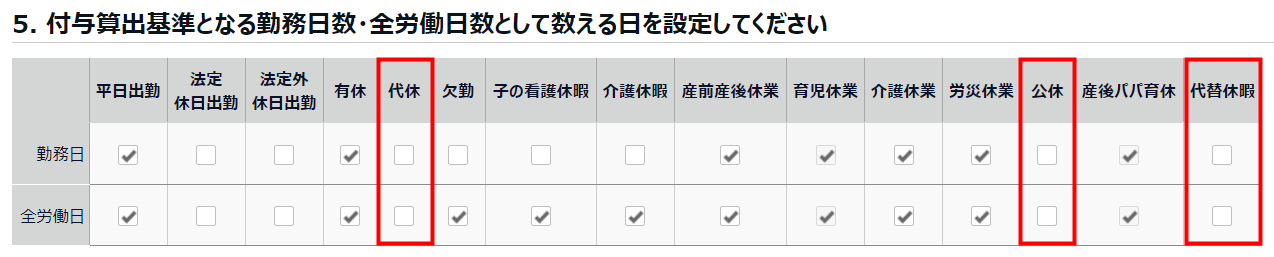 「5. 付与算出基準となる勤務日数・全労働日数として数える日を設定してください」の「代休」と「公休」と「代替休暇」を指し示すスクリーンショット