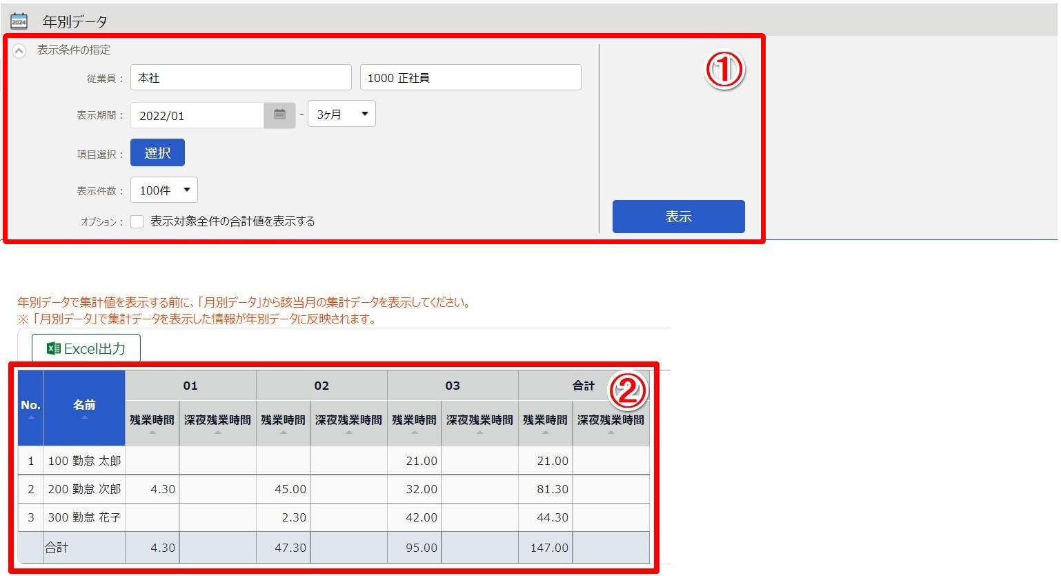 年別データ画面のスクリーンショット