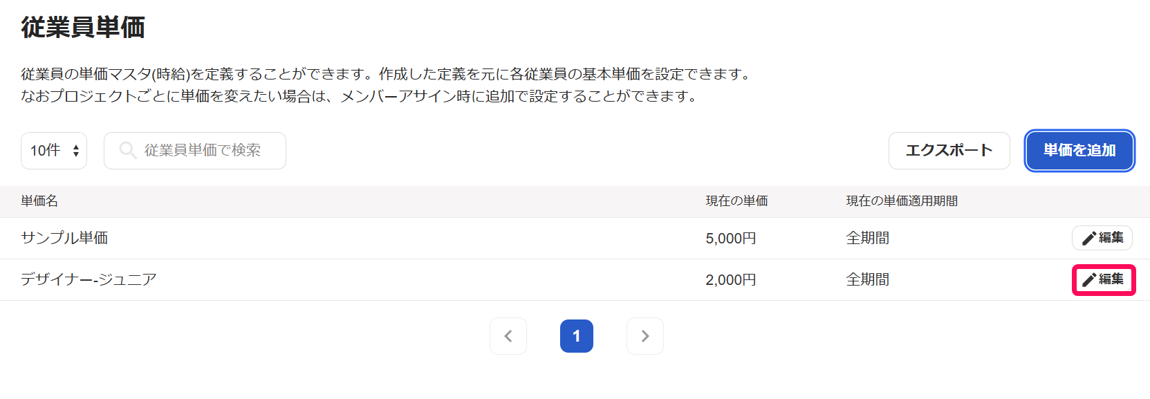 単価一覧画面の編集ボタンを指示しているスクリーンショット