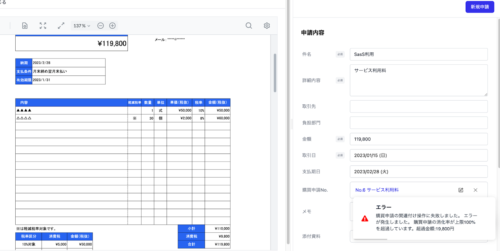 消化率の許容値と超過金額のアラートが表示されている画面のスクリーンショット