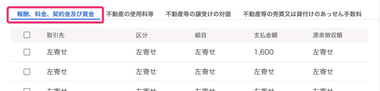 報酬、料金、契約金及び賞金タブを指し示すスクリーンショット