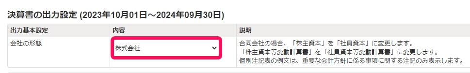 会社の形態行の株式会社を赤枠で囲っている画面のスクリーンショット