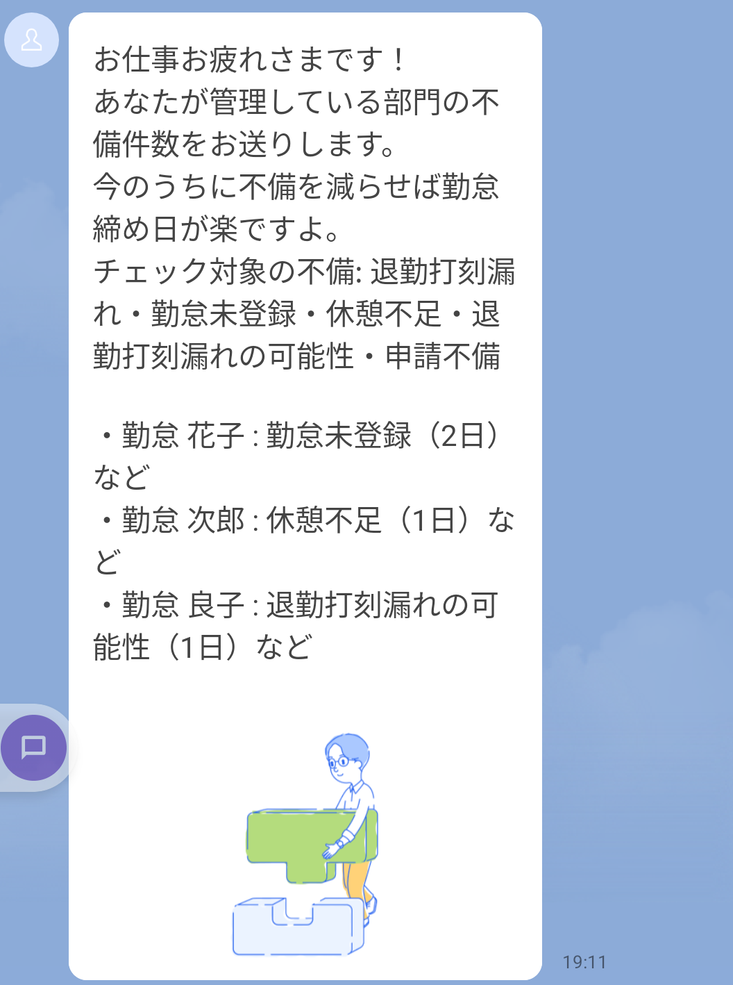 従業員の勤怠部門管理者にレポートを送信を選択した場合のLINE通知画面のスクリーンショット