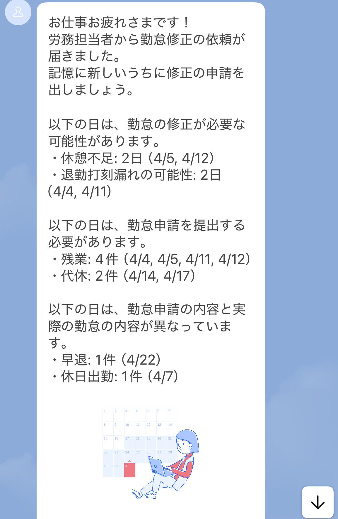 従業員本人に不備修正依頼を送信を選択した場合のLINE通知画面のスクリーンショット