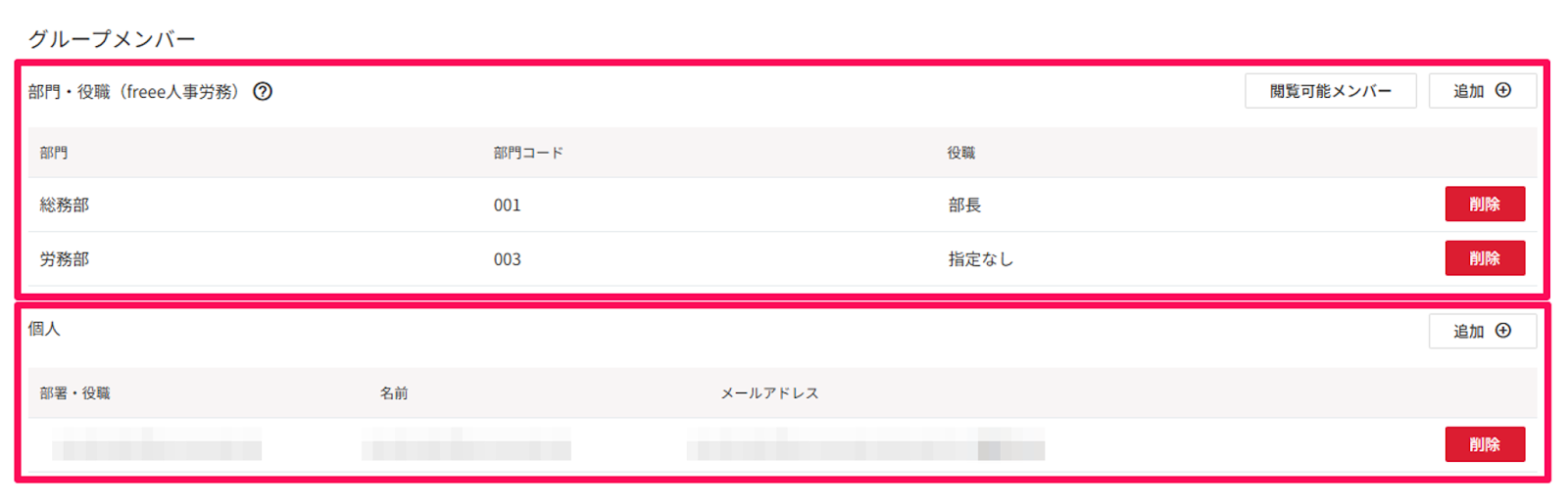 グループメンバーの個人とメンバー指し示しているスクリーンショット