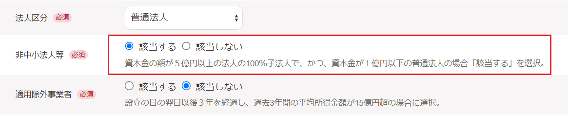 基本情報の「非中小法人等」の項目を指し示すスクリーンショット