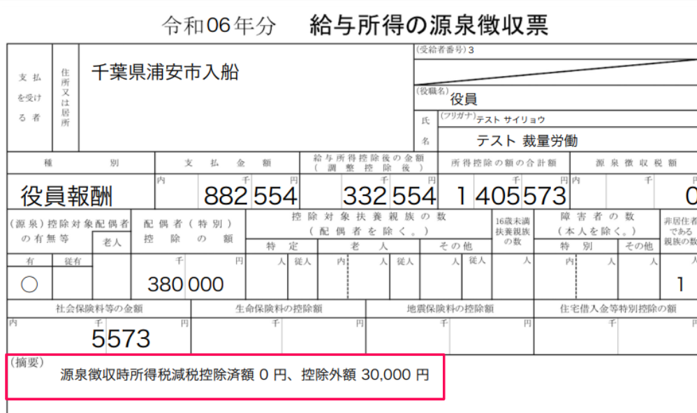 給与支払報告書（源泉徴収票）の摘要欄を指し示すスクリーンショット