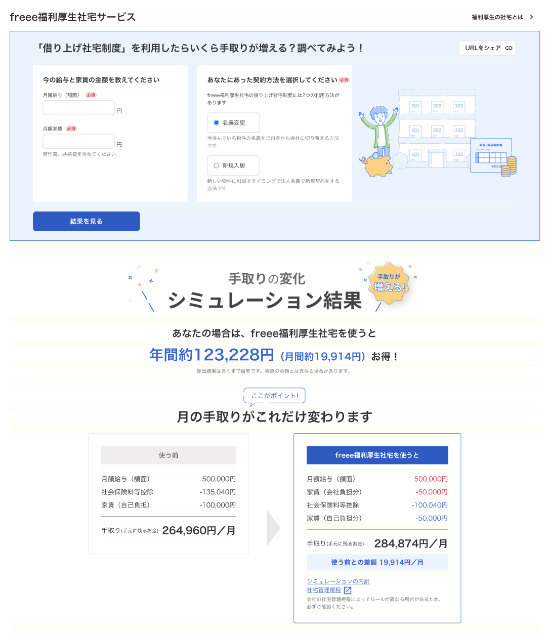 かんたんシミュレーターの試算結果画面のスクリーンショット