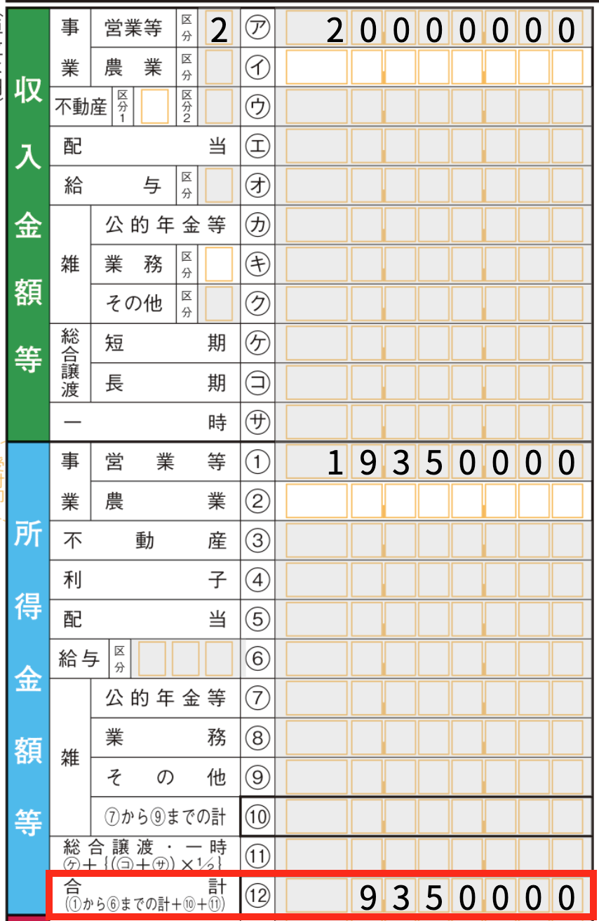 第一表の所得金額等の「合計」欄を指し示すスクリーンショット