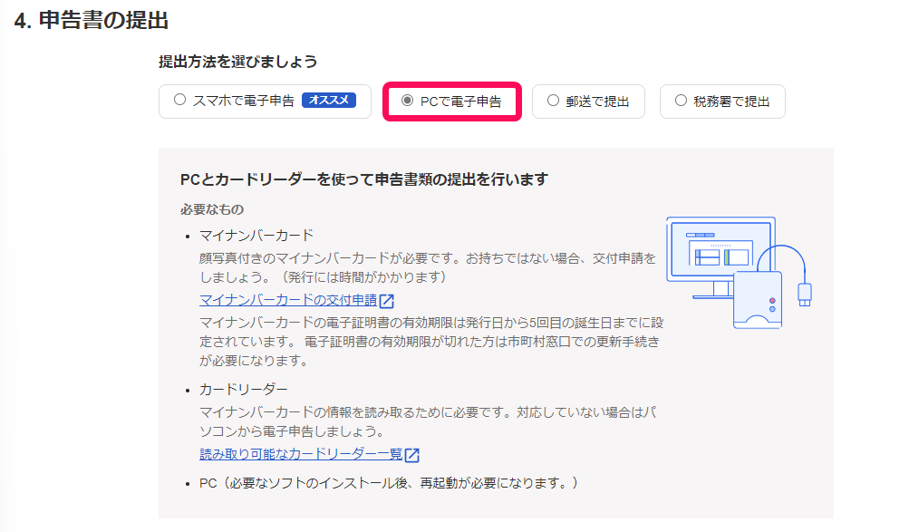 PCで電子申告ボタンを指し示すスクリーンショット