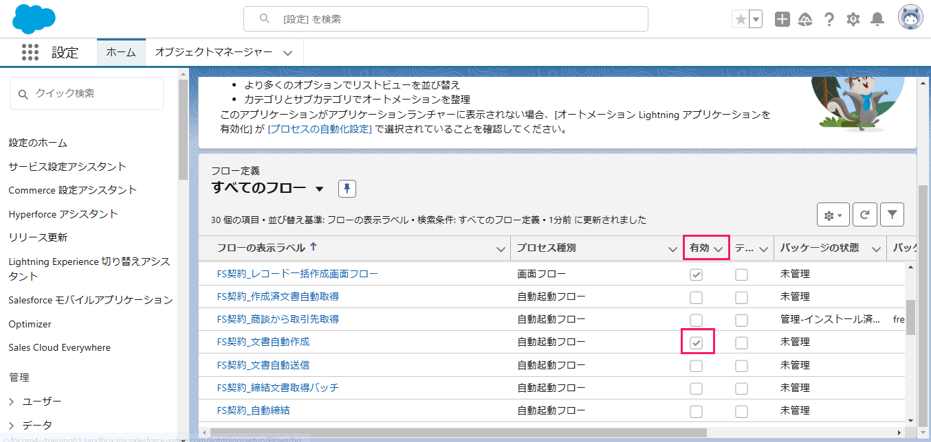 「FS契約_文書自動作成」の「有効」欄を指し示しているスクリーンショット