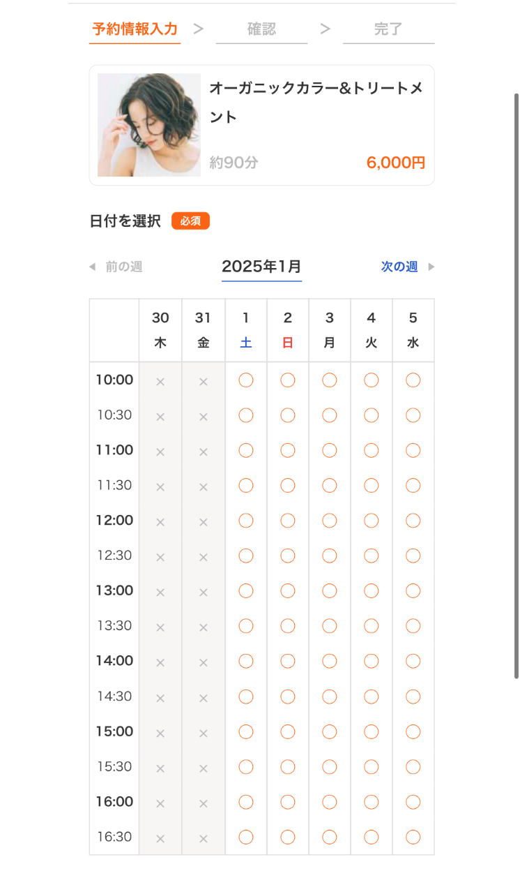 予約情報入力画面の日付を選択部分のスクリーンショット