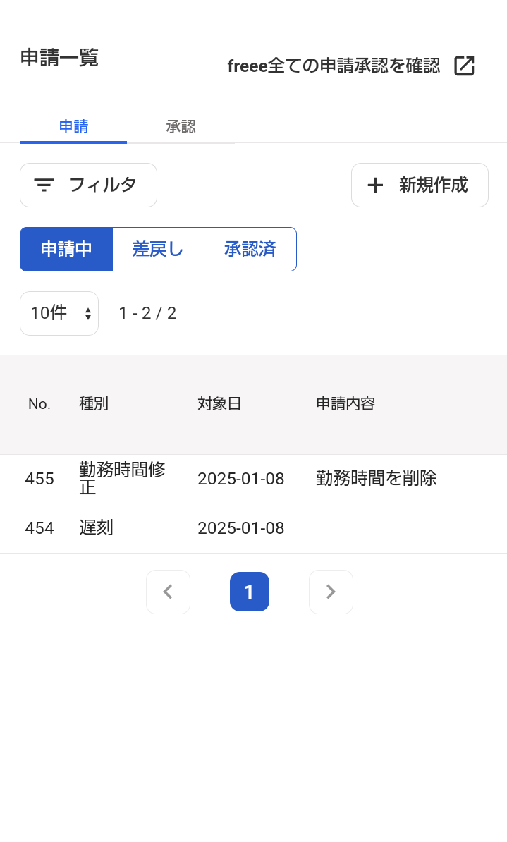 申請一覧画面のスクリーンショット