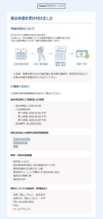 退去申請の受付メール画面のスクリーンショット