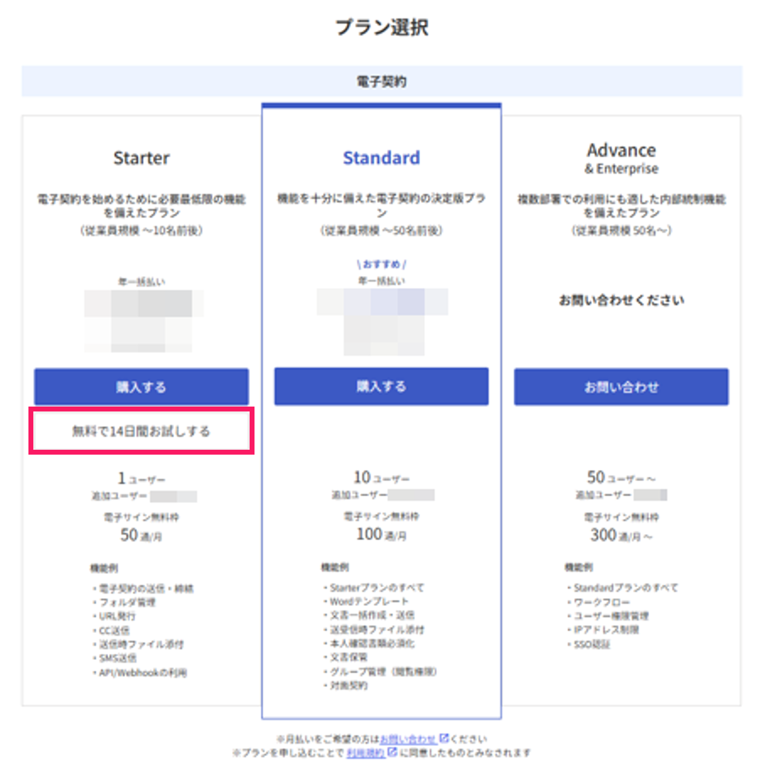 プラン選択画面でStarterプランの［2週間トライアル］を指し示しているスクリーンショット