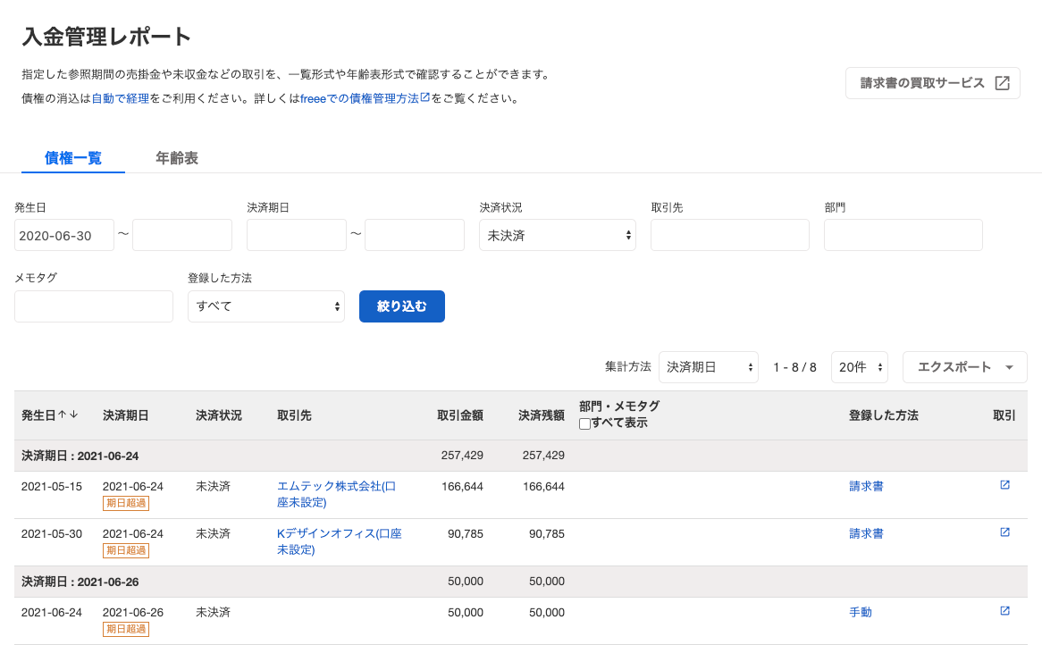 入金管理レポートの見方と活用アイディア 売掛レポート Freee ヘルプセンター