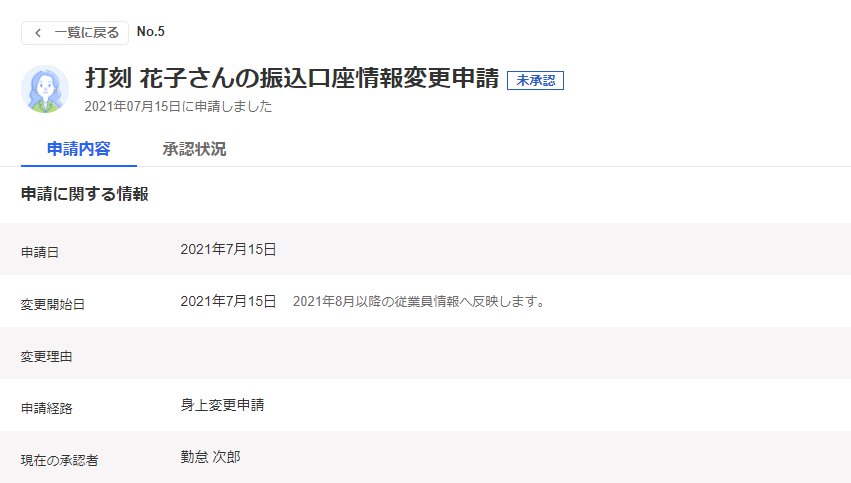 該当従業員の変更申請画面で［申請内容］タブを選択した場合のスクリーンショット