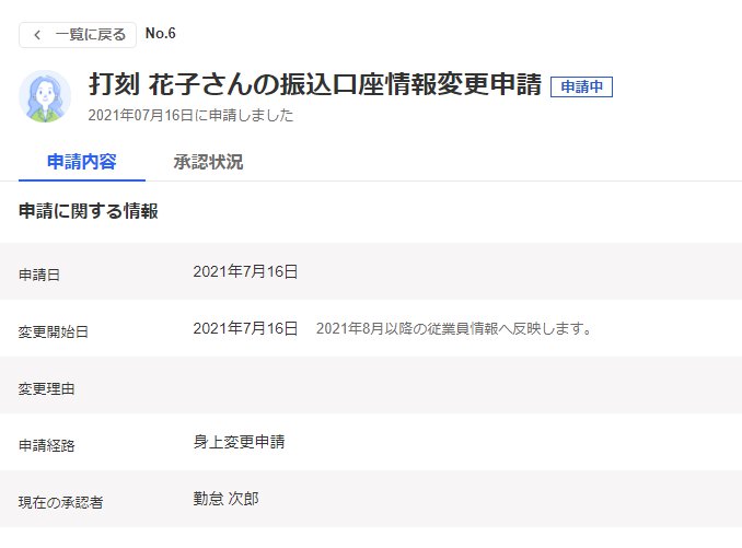 該当従業員の変更申請画面で［申請内容］タブを選択した場合のスクリーンショット