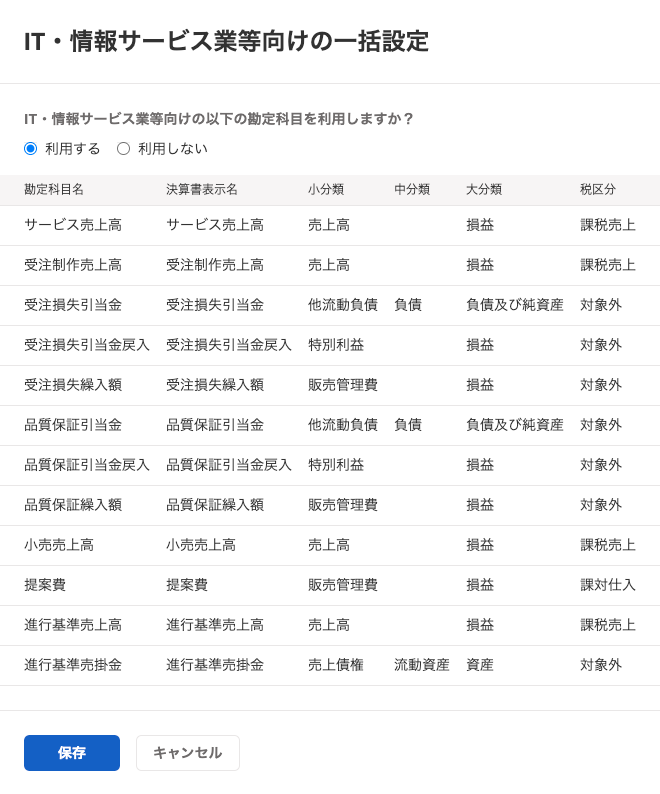 業種別勘定科目の一括設定画面で「利用する」にチェックをつけている状態のスクリーンショット