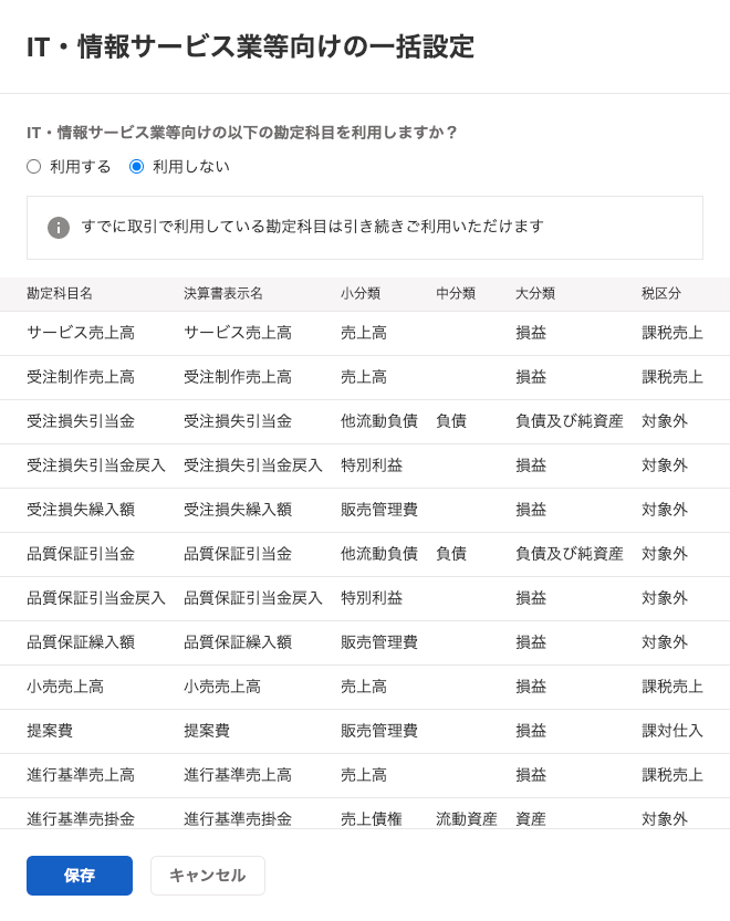 業種別勘定科目の一括設定画面で「利用しない」にチェックをつけている状態のスクリーンショット