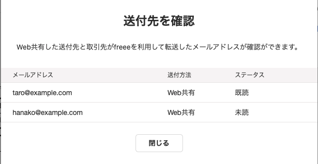 送信先の送付方法とステータスを確認するスクリーンショット
