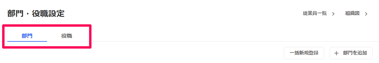 部門・役職設定画面の［部門］または［役職］タブを指し示しているスクリーンショット