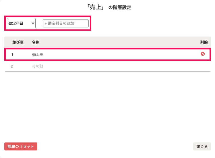 「売上の階層設定」画面の選択した勘定科目項目と並び順項目の「売上高」を指し示しているスクリーンショット