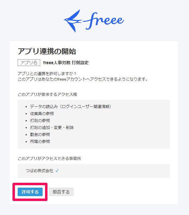 アプリ連携の開始画面の［許可する］ボタンを指し示しているスクリーンショット