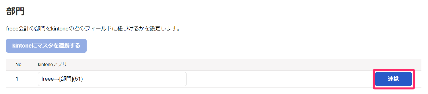 部門の［連携］ボタンを指し示しているスクリーンショット