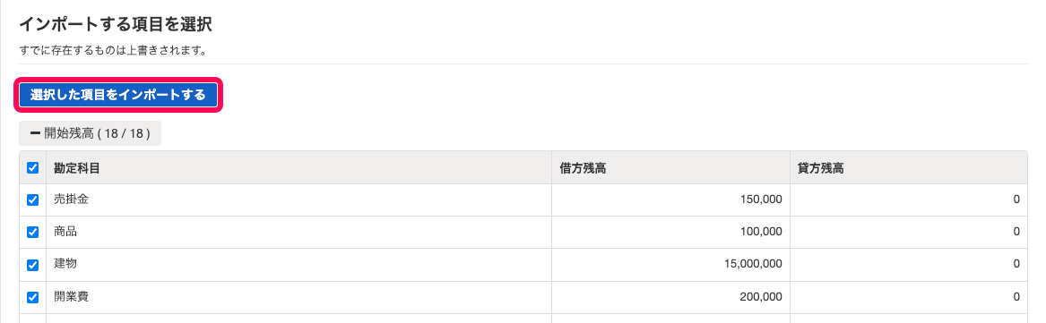 「インポートする項目を選択」画面にて、［選択した項目をインポートする］ボタンを指し示しているスクリーンショット
