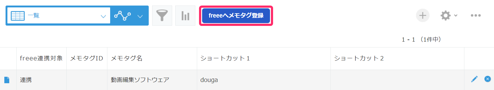 kintoneのアプリ画面で［freeeへメモタグ登録］ボタンを指し示しているスクリーンショット