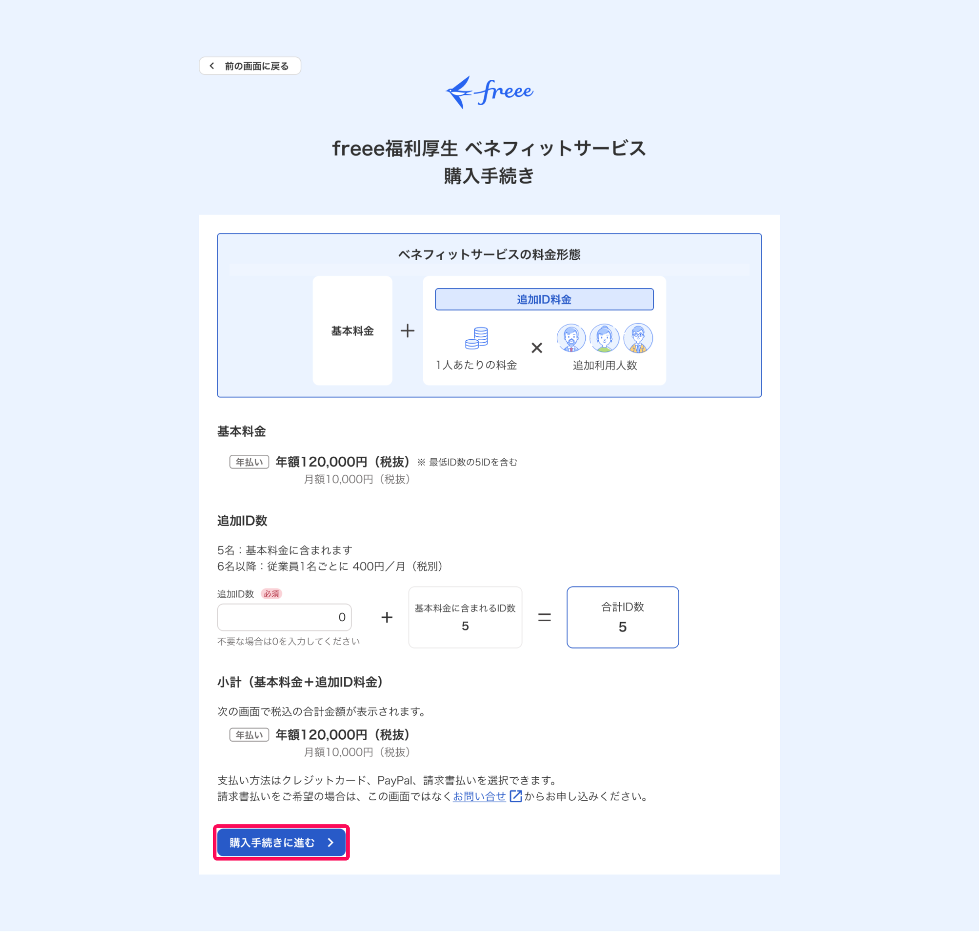freee福利厚生ベネフィットサービス購入手続き画面で［購入手続きに進む］を指し示しているスクリーンショット