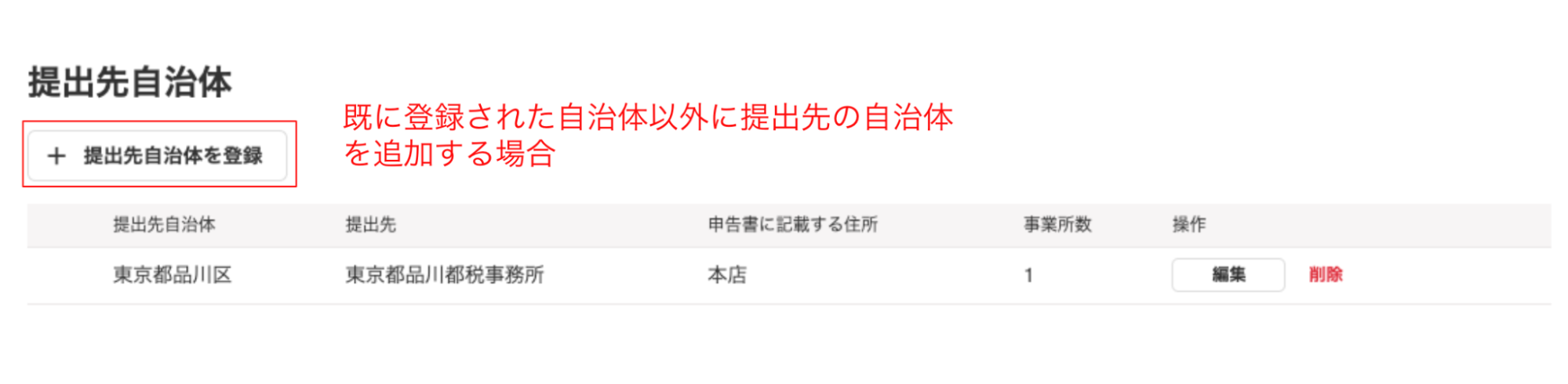 +提出先自治体を登録ボタンを指し示すスクリーンショット