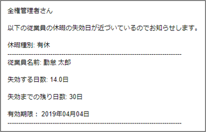 管理者に届くメール画面のスクリーンショット
