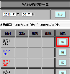 勤務希望時間帯一覧画面の［編］を指し示しているスクリーンショット
