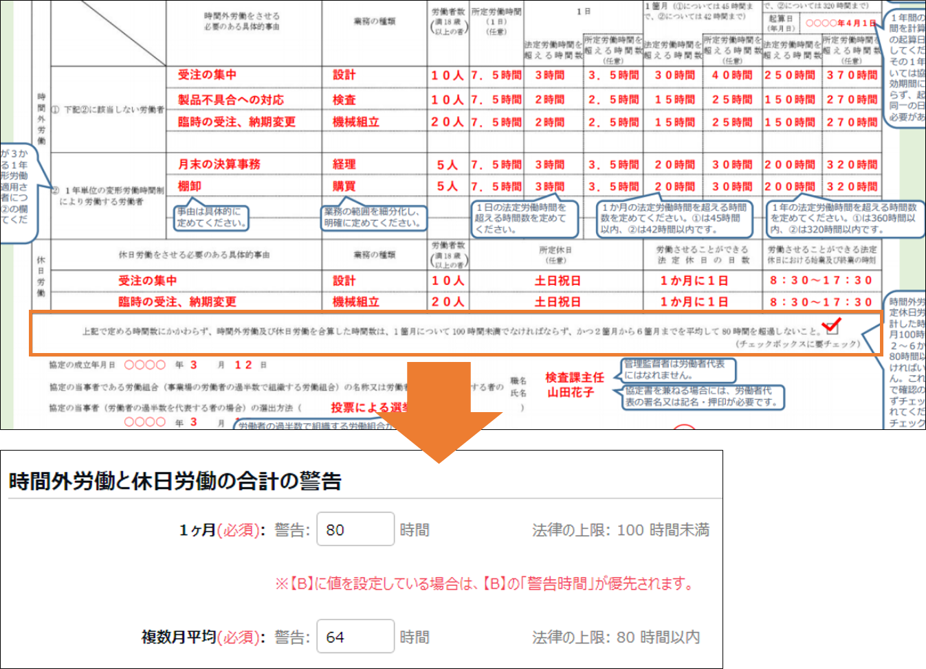 時間外労働の上限規制画面の「時間外労働と休日労働の合計の警告」部分のスクリーンショット