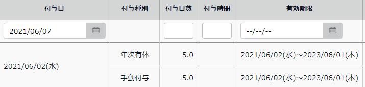 休暇詳細画面の「有給」部分のスクリーンショット