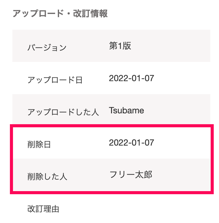 削除履歴の詳細画面にて「削除日」「削除した人」を指し示しているスクリーンショット