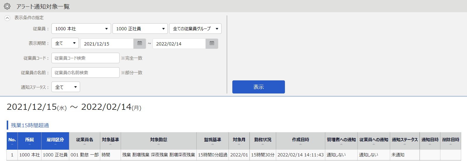 アラート通知対象一覧画面のスクリーンショット