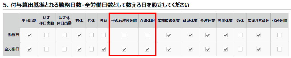 有休付与関連設定画面の「5. 付与算出基準となる勤務日数・全労働日数として数える日を設定してください」部分のスクリーンショット