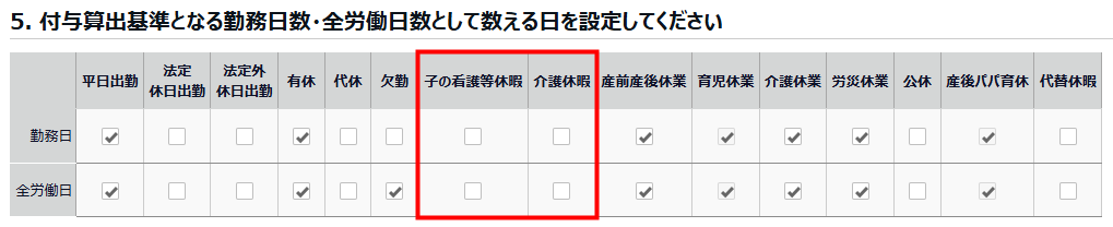 有休付与関連設定画面の「5. 付与算出基準となる勤務日数・全労働日数として数える日を設定してください」部分のスクリーンショット
