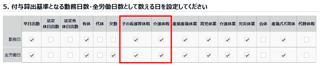 有休付与関連設定画面の「5. 付与算出基準となる勤務日数・全労働日数として数える日を設定してください」部分のスクリーンショット