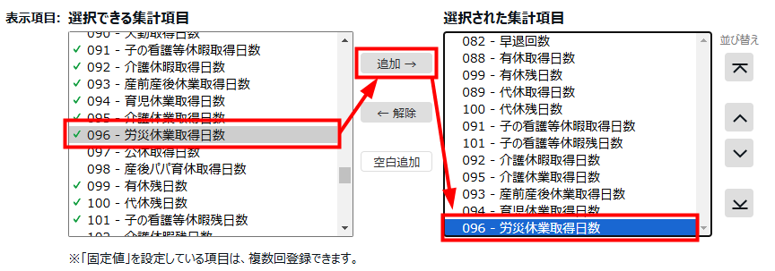 タイムカードレイアウト登録画面の「表示項目」部分のスクリーンショット