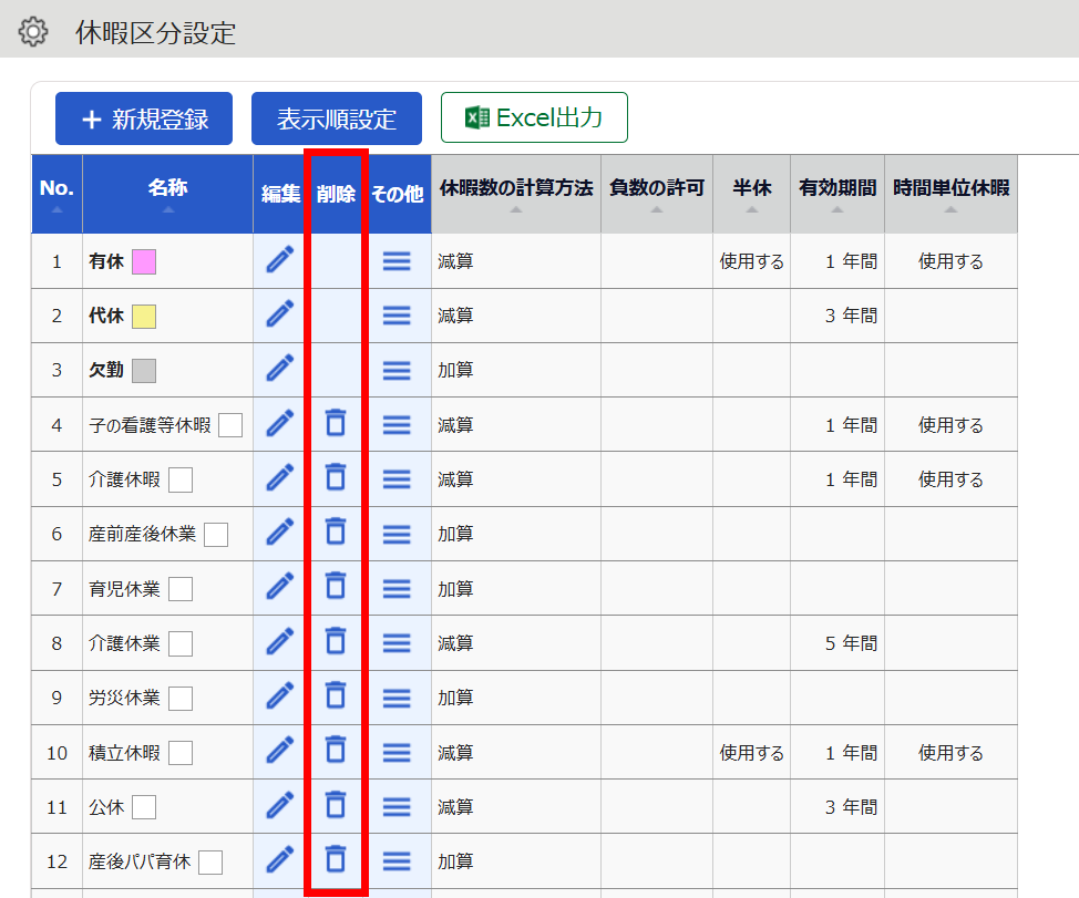 休暇区分設定画面の「削除」部分を指し示しているスクリーンショット