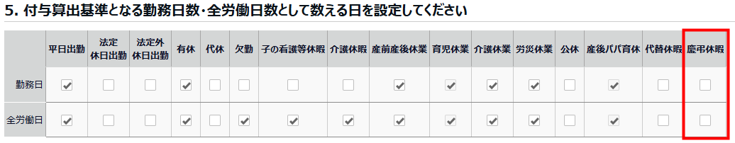 「付与算出基準となる勤務日数・全労働日数として数える日」の「慶弔休暇」を指し示すスクリーンショット