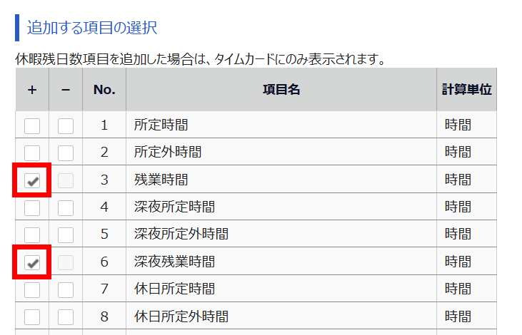 日別データ項目登録画面の「追加する項目の選択」箇所のスクリーンショット