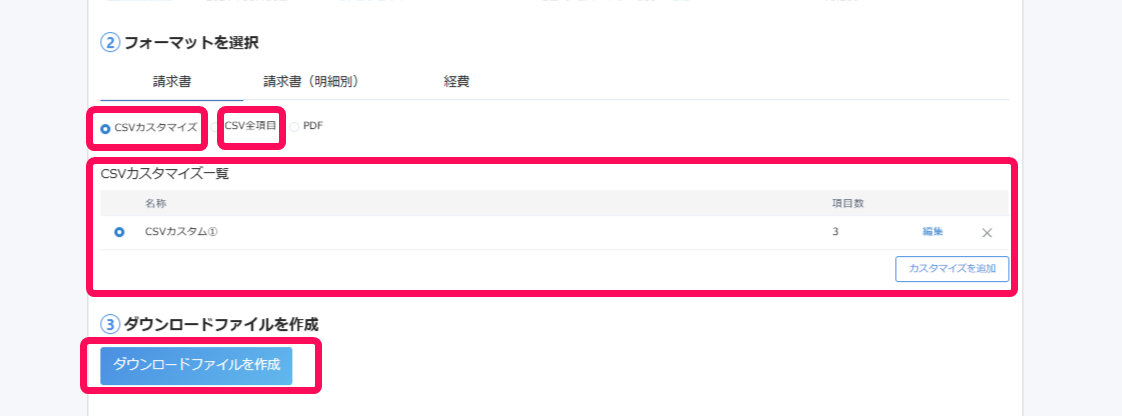 ［CSVカスタマイズ］［CSV全項目］の選択と［ダウンロードファイルを作成］を指し示しているスクリーンショット