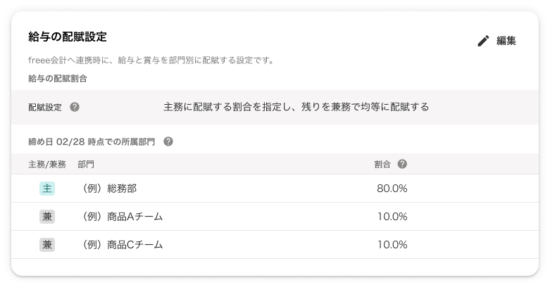 従業員詳細画面の給与の配賦設定部分のスクリーンショット